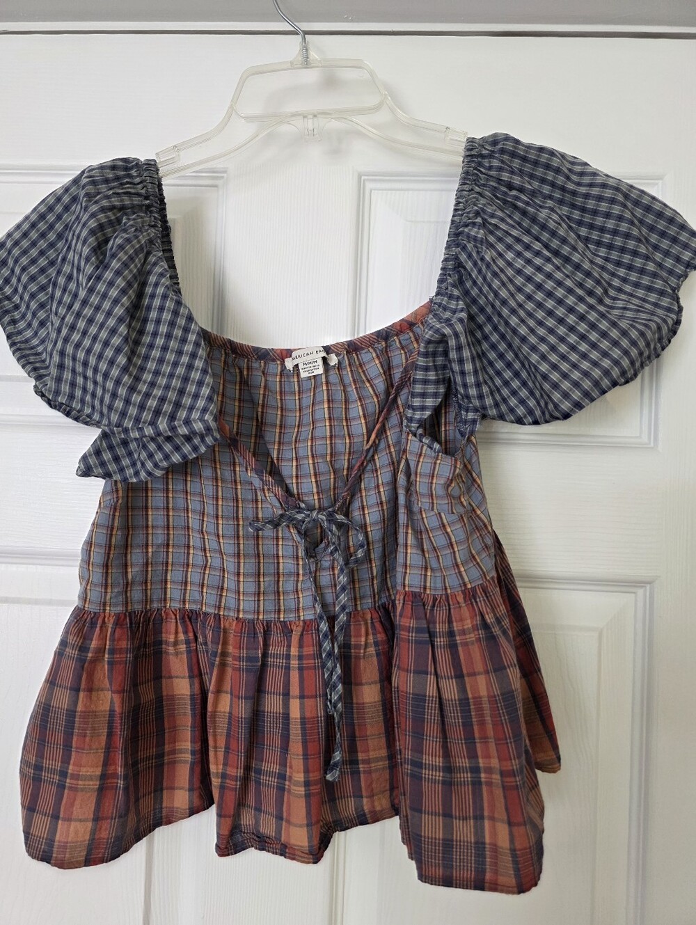 AE Outfitters Blue & Rust Babydoll Patchwork Plaid Puff Sleeve Peplum Top Medium